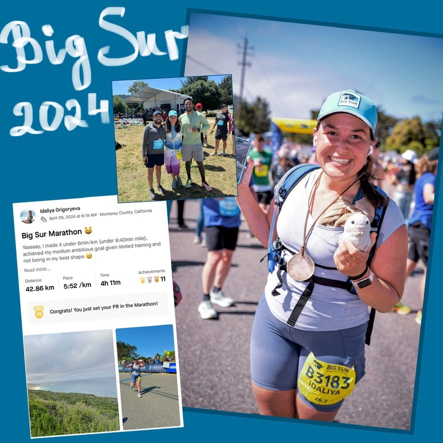 Big Sur 2024 marathon collage with finish medal and a new marathon PR