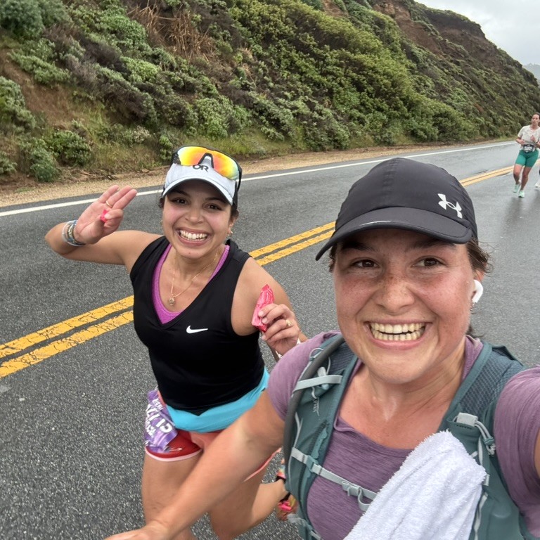 Selfie with a friend on the coastal road at the Big Sur Marathon