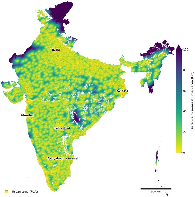 Map of India showing distance to the nearest urban area
