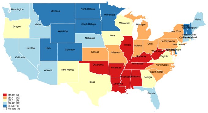 A US choropleth map made with Stata's spmap